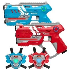 2 Connect Laserguns Blauw/Rood + 2 Connect Vesten