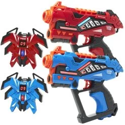 2 KidsTag Recharge P2 Laserguns + 2 Display Vesten Rood/blau