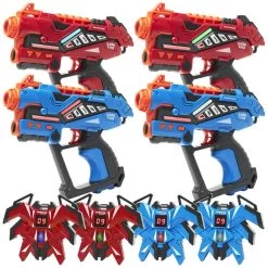 4 KidsTag Recharge P2 Laserguns + 4 Display Vesten Rood/blau