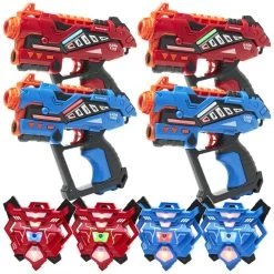 4 KidsTag Recharge P2 Laserguns + 4 Waterdamp Vesten Rood/bl